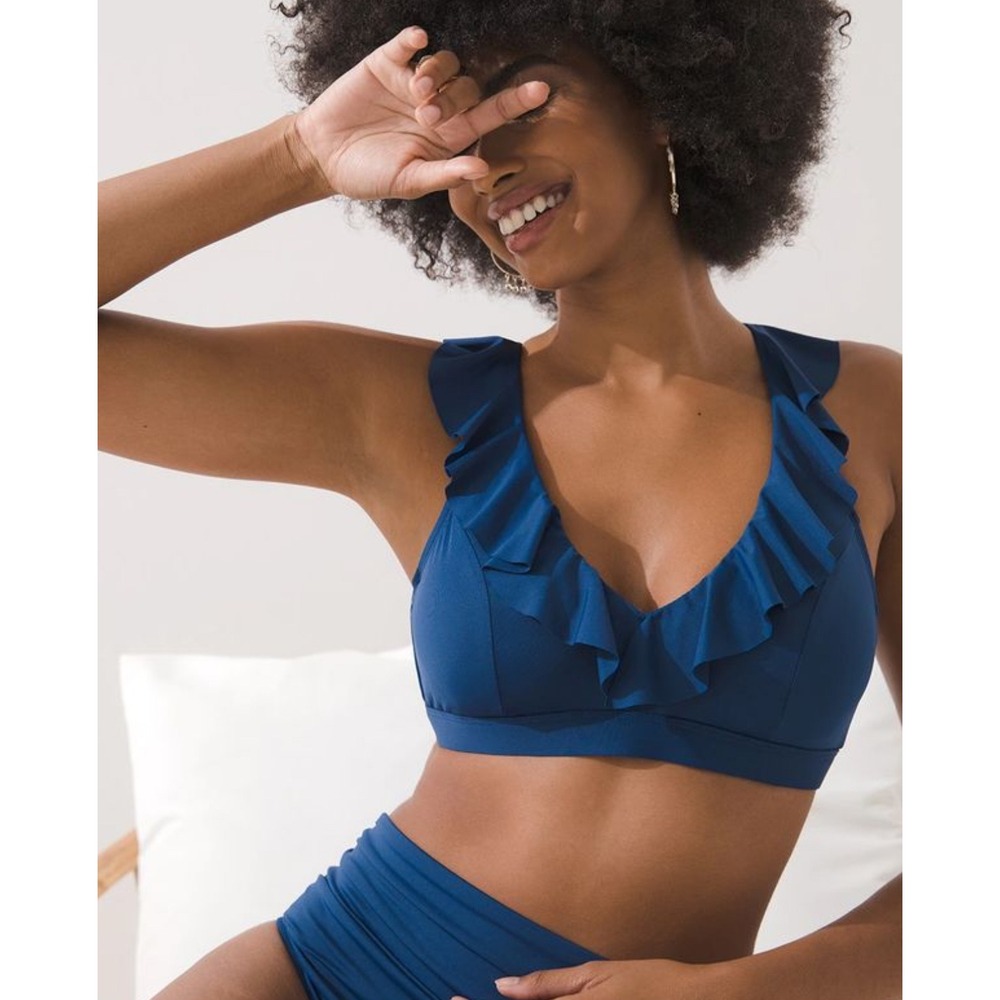 Soma Bleu Rod Beattie Navy Blue Ruffle V Neck‎ Bikini Swim Top Size 38D